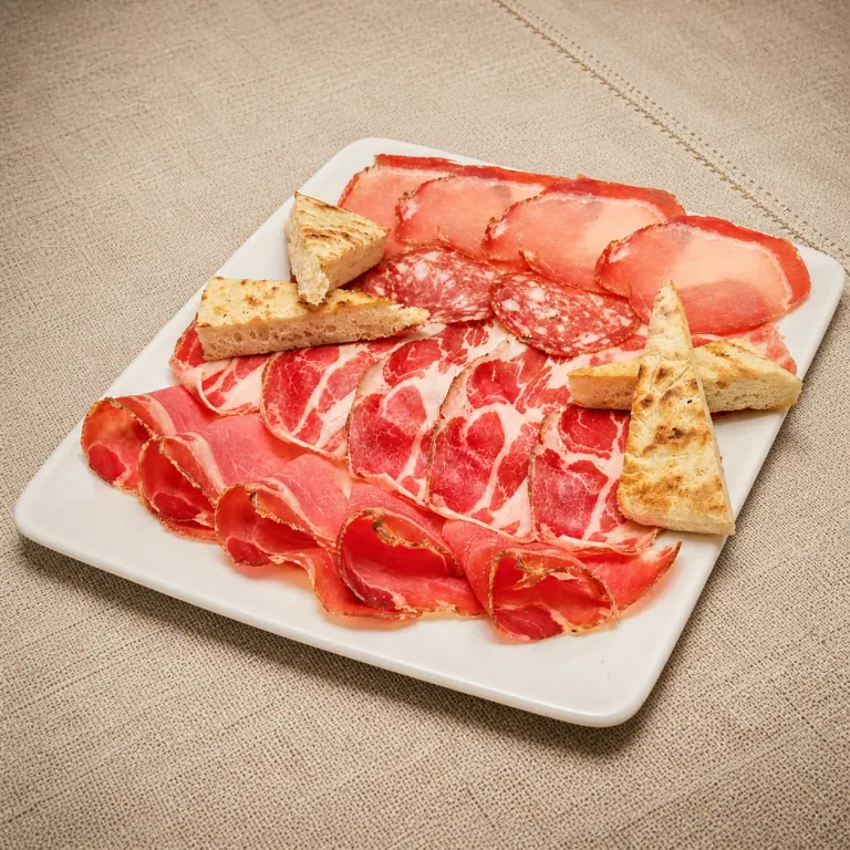 Selection of Umbrian cured meats on a rectangular platter with torta al testo.