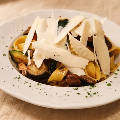 Pappardelle with grilled vegetables and salted ricotta.