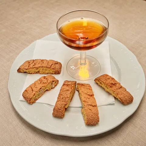 Almond tozzetti with a glass of Vin Santo.