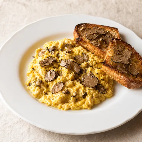 Creamy scrambled eggs with fresh truffle and truffle bruschetta.