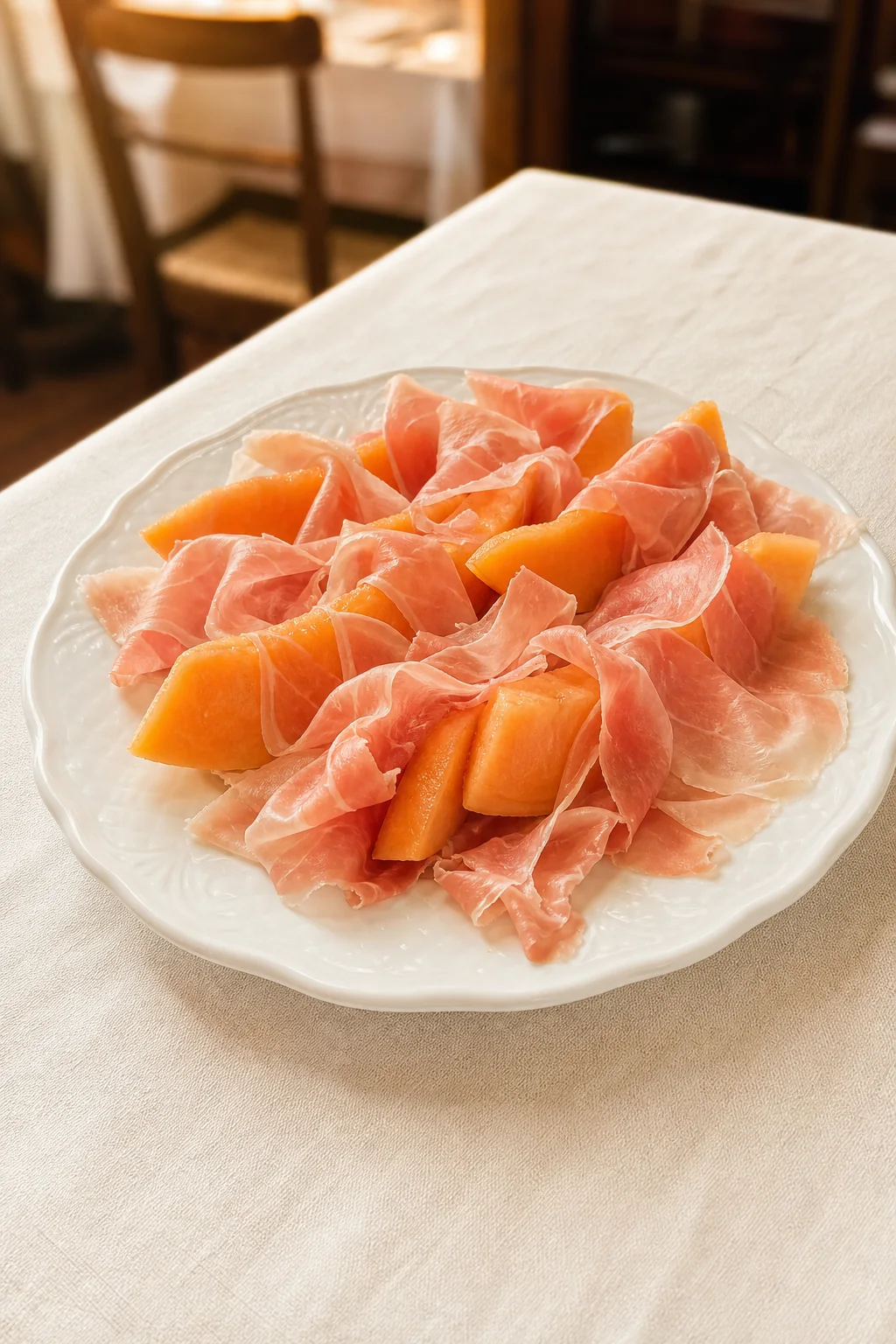 Slices of prosciutto served with ripe melon on a white plate.